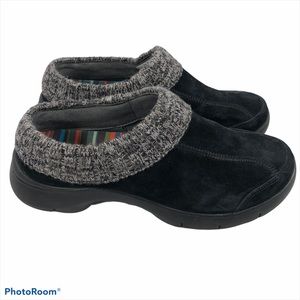 Dansko Black Suede Clogs with Knit Trim